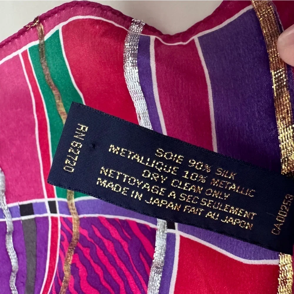 Oscar de la Renta vintage tartan colorful silk plaid metallic scarf 52x11